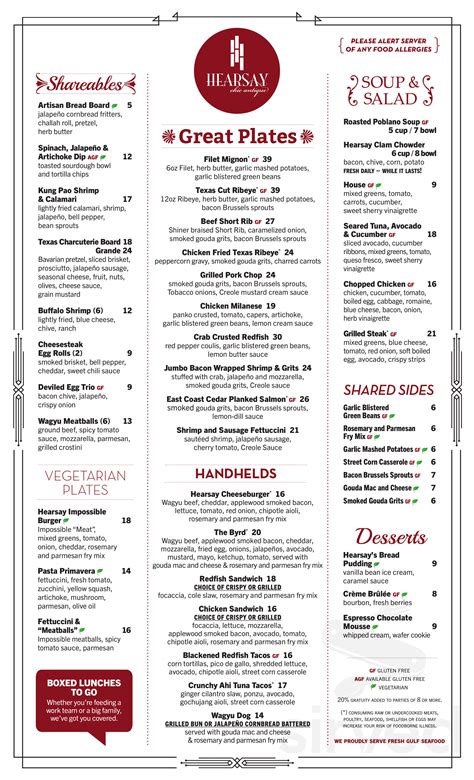 Menu for Hearsay On The Waterway in The Woodlands, TX | Sirved