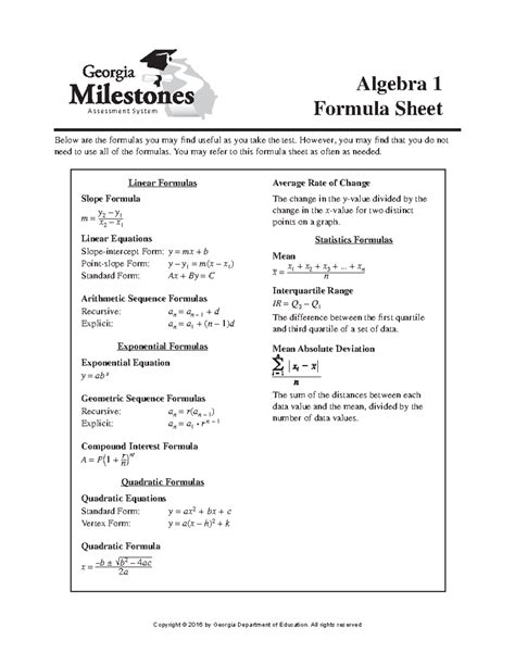 Algebra 1 Formula Sheet