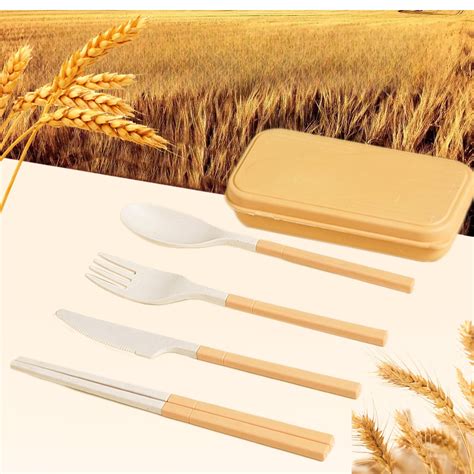 Pxyqht Wheat Straw 4-Piece Travel Utensils Set with Portable Case ...