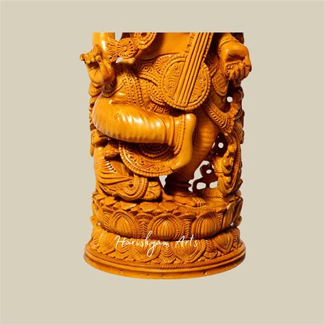11" Saraswati Wooden Sculpture for Temple – Dancing Goddess Saraswati