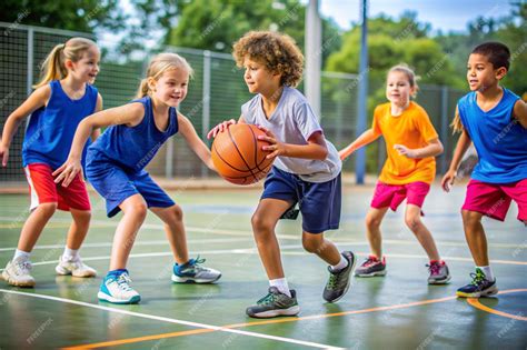 A group of children playing basketball with one of them wearing a ...