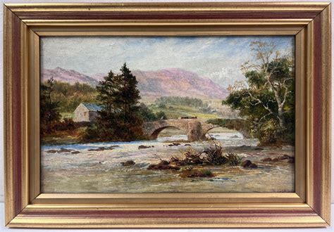 Scottish School - Antique Scottish Signed Oil Painting Cattle over Stone Bridge Highland River ...