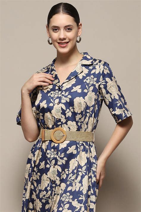 Blue Pure Cotton Floral Printed Straight Dress at Biba India