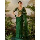 Green Embroidered Organza Saree with Printed Blouse - Set of 2