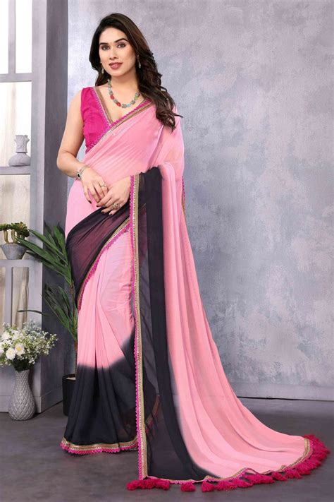 Staring 1-Minute Ready To Wear Pink and Black Georgette Saree – Annerafab