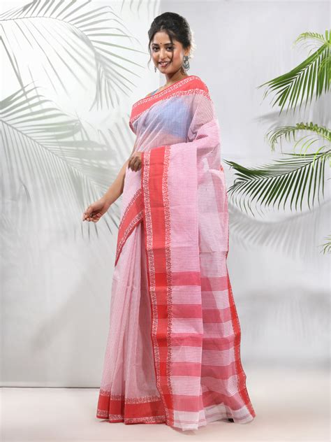 White Pure Cotton Taant Saree With Woven Designs – Charukriti