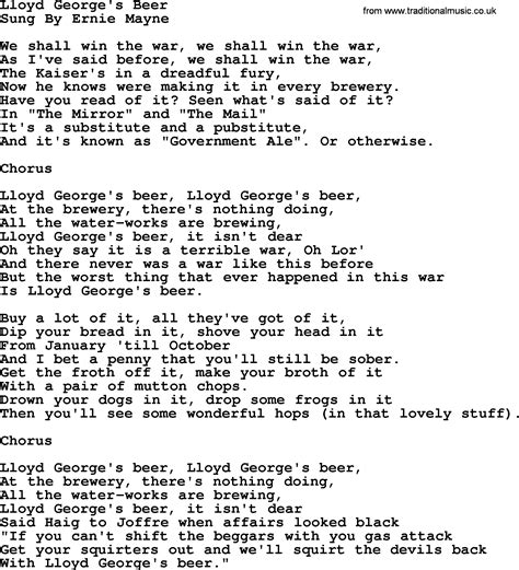 World War One(WW1)Era Song Lyrics for: Lloyd George's Beer
