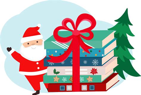 Santa Claus is standing near the stack of books. Christmas books. Book ...