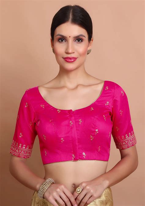 Pink Silk Embroidered Round Neck Readymade Blouse – Salwar Studio