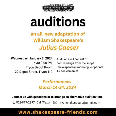 Auditions: Julius Caesar, Tryon Depot Plaza, January 3 2024 | AllEvents.in