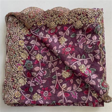 Kalamkari Violet Zari Embroidered Organza Dupatta – anokherang