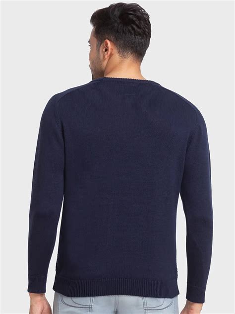 Men Navy Tailored Fit Jacquard Cotton Full Sleeve Round Collar Sweater ...