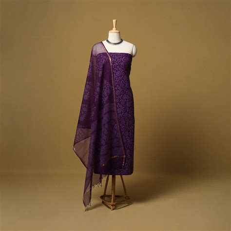 Purple Natural Dyed Bagru Block Print Cotton 3pc Unstitched Dress Material
