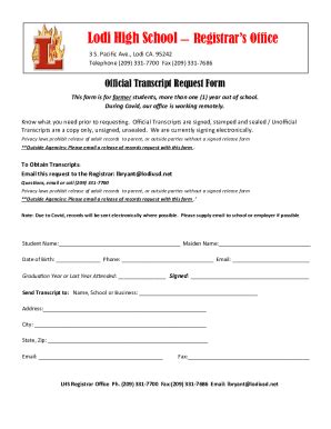 CA Lodi High School Registrars Office Official Transcript Request Form ...