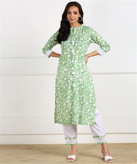 Cotton Floral Print Laced Kurta, Palazzo, Dupatta Set - Green – VEDANA