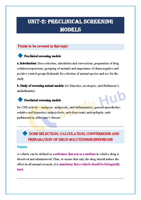 Pharmacological Screening Methods (Unit-2): Preclinical Models Overview ...