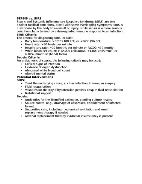 Sepsis vs - Summary Nursing care of the adult - SEPSIS vs. SIRS Sepsis ...