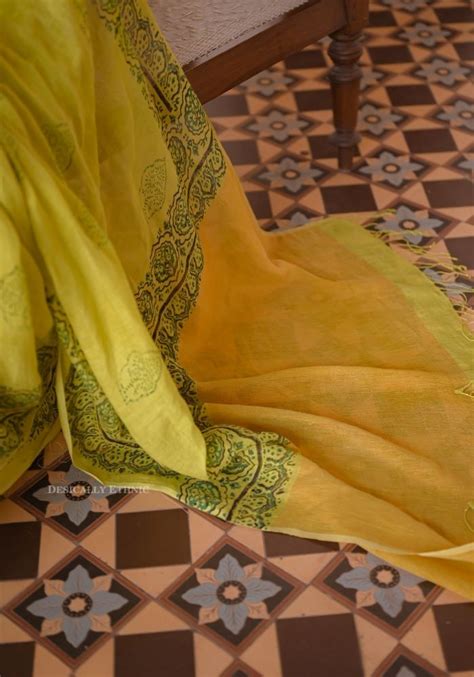 Parrot Green Block Printed Linen Saree with Ajrakh Motifs- Desically Ethnic