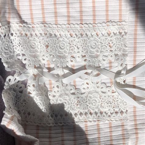 STRIPED PINK AND WHITE RUCHED TOP WITH LACED... - Depop