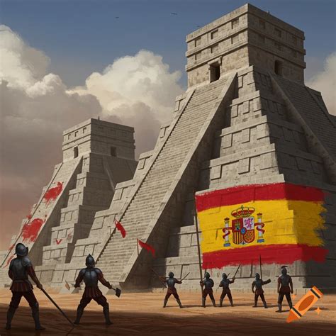 Illustration of Spanish conquistadors holding a large Spanish flag in ...