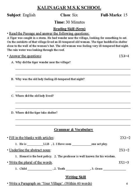 Class 6 english question - KALINAGAR M.S SCHOOL Subject: English Class ...