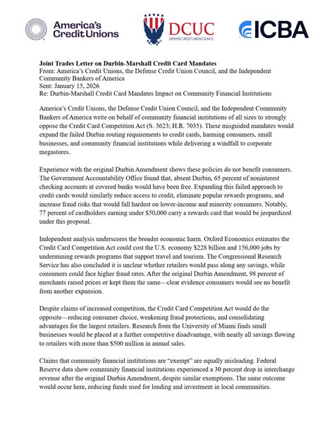 Credit Unions, Community Banks Urge Congress To Reject Durbin-Marshall ...