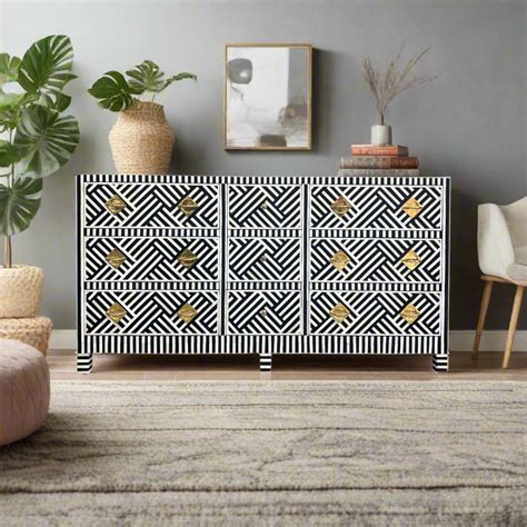 Optical Bone Inlay 9 Drawer Chest with Bone Base Black – Luxury Handicrafts