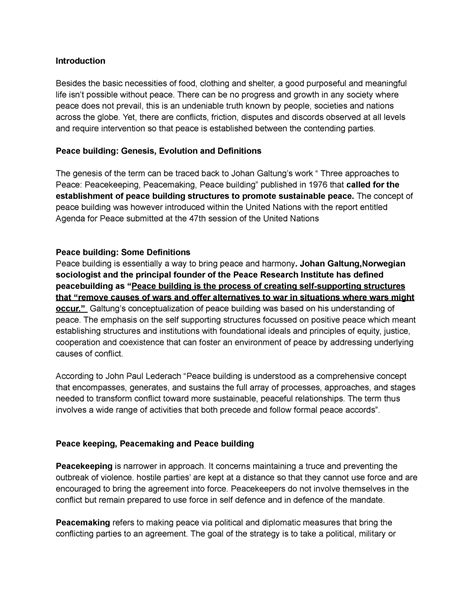 Peace building - Notes - Introduction Besides the basic necessities of ...