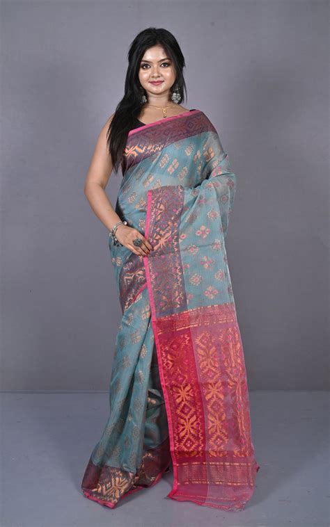 Soft Zari Brocade Dhakai Jamdani Saree in Light Grey, Hot Pink and Cop ...