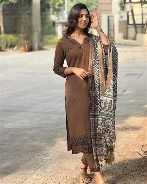 Brown Embroidered Cotton Suit Set with Dupatta – Style Jaipur