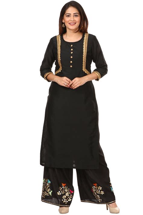 Black Silk Jacket Style Kurti with Embroidered Birds Gotta Palazzo ...