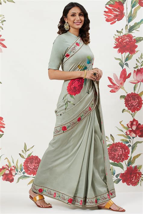 Rohit Bal Green Chanderi Silk Printed Saree With Blouse at Biba India