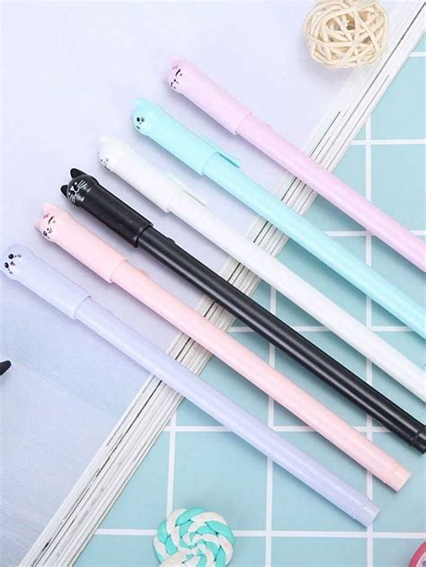 6 Pcs Colorful Kawaii Cartoon Cat Design Gel Pens, 0.5mm Black Ink ...