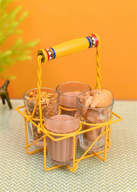 Get Cutting Chai Glasses with Yellow Handpainted Metal Stand - Set of 4 ...