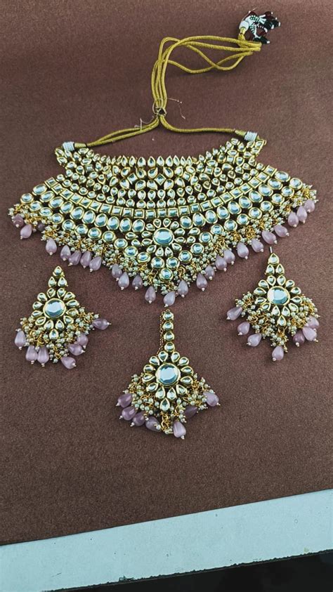 Royal Pink Bead Kundan Polki Bridal Choker Set – Zevar