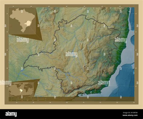 Minas Gerais, state of Brazil. Colored elevation map with lakes and rivers. Corner auxiliary ...