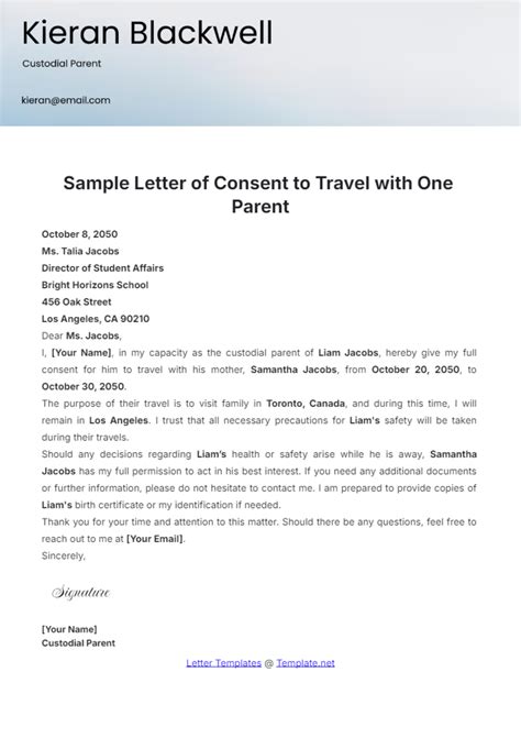 Free Sample Letter of Consent to Travel with One Parent Template to ...