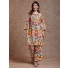 Blue Printed Chanderi Kurta with Pants- Set of 2