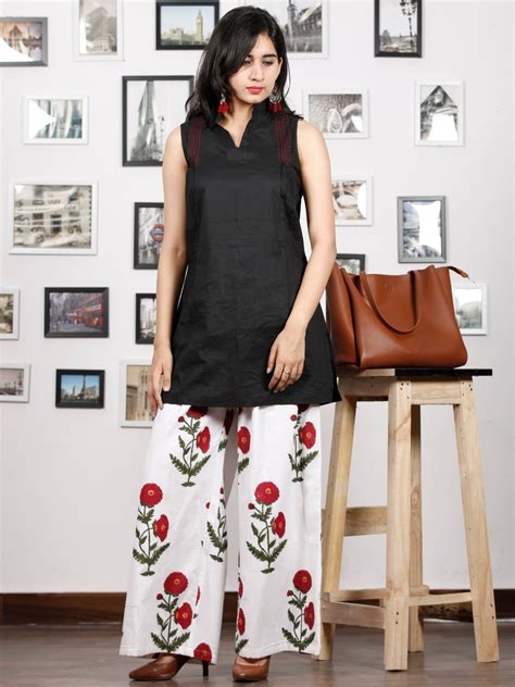 White Maroon Green Hand Block Printed Semi Elasticated Waist Pleated C ...