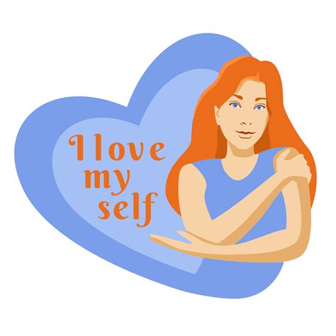 Self care cartoon red hair young girl hugging herself with hearts on ...