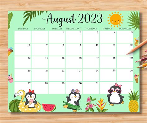 EDITABLE August 2023 Calendar Cheerful Summer With Cute - Etsy Australia