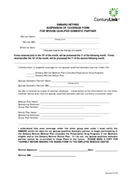 Fillable Online Embarq retiree suspension of coverage form for spouse ...