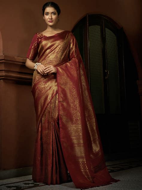 Venetian Maroon Golden Zari Kanjivaram Silk Saree | House of Vardha