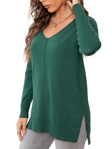 CALIPESSA Womens Green Knit Long Sleeve Soft V Neck Solid Side Split ...