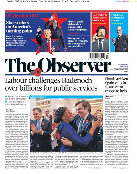 Observer Front Page 3rd of November 2024 - Tomorrow's Papers Today!