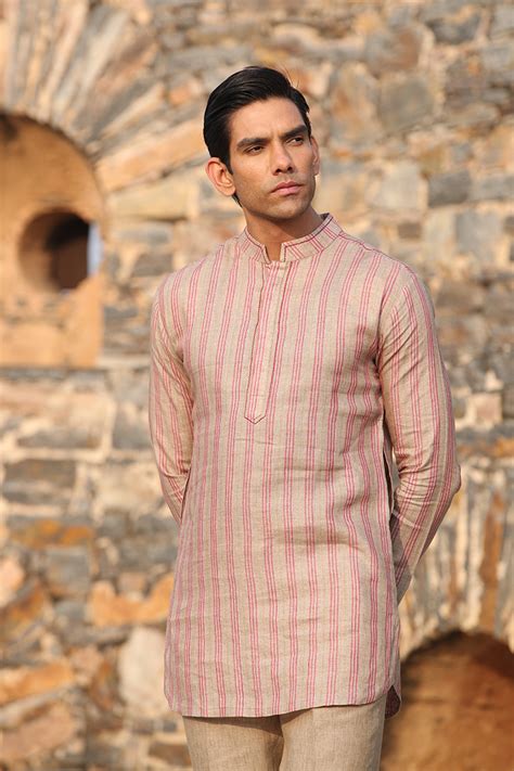 Beige & Red Striped Linen Kurta – rawandrustic