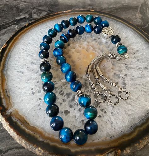 REAL Blue Tiger Eye Stone Islamic Prayer 33 Beads, Misbaha, Tasbeeh ...