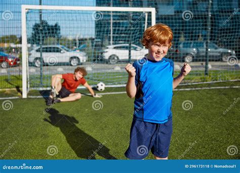 Happy Son Scored Goal To His Father Celebrating Win with Clenched Fist ...