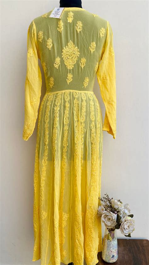 Lucknowi Chikankari Anarkali Kurti Yellow Georgette With Mukaish & Res ...