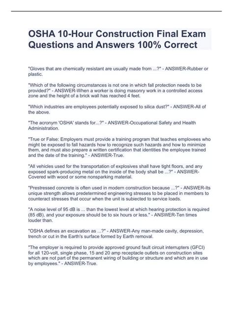 OSHA 10-Hour Construction Final Exam Questions and Answers 100% Correct ...